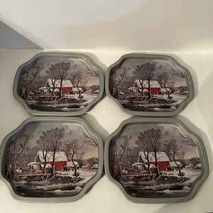 Vintage Currier & Ives Snack Winter Horse Snow Holiday Scene Snack Trays Set 4